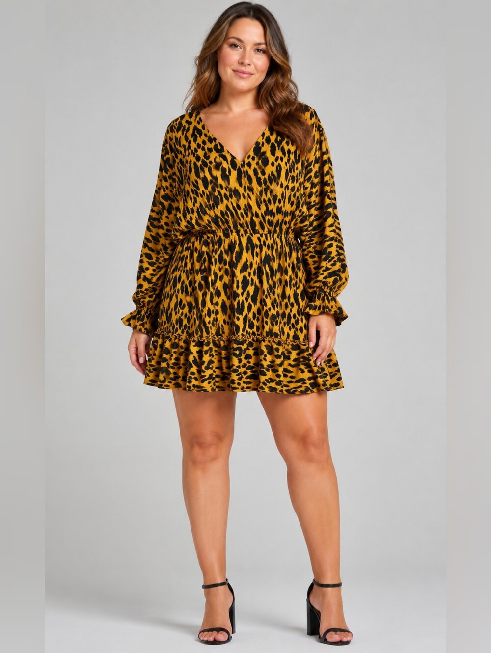 GiGiO USA Large Mustard Leopard Print Ruffle Mini Dress - Picture 6 of 7
